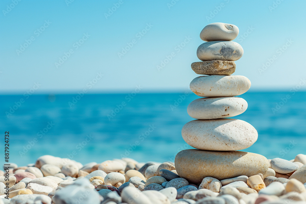 Pile of pebbles on a beach, panoramic blue water background, balanced stack of colorful stones Pile of pebbles on a beach, panoramic blue water background, balanced stack of colorful stones
