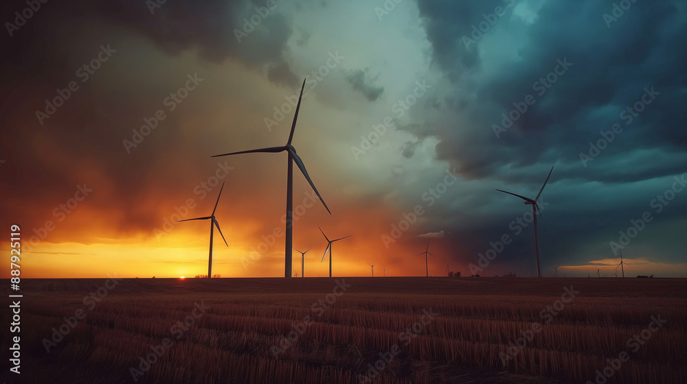 Fototapeta premium Wind turbine field at filds, blue sky