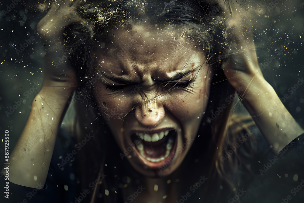 An angry and depressed woman holding her head with her hands, screaming in distress. An angry and depressed woman holding her head with her hands, screaming in distress.