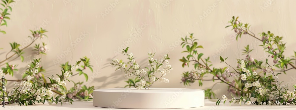 A round podium surrounded by spring flowers and greenery on soft beige background. A round podium surrounded by spring flowers and greenery on soft beige background.