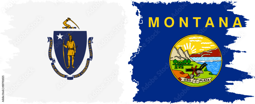 Fototapeta premium Montana and Massachusetts states grunge brush flags connection, vector