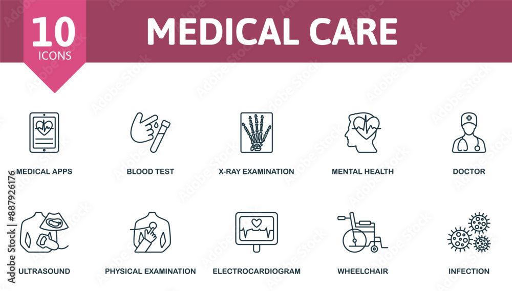Medical Care thin line icon set. Medical Apps, Blood Test, X-Ray Examination, Mental Health, Doctor, Ultrasound, Physical Examination, Electrocardiogram, Wheelchair, Infection icons and more Medical Care thin line icon set. Medical Apps, Blood Test, X-Ray Examination, Mental Health, Doctor, Ultrasound, Physical Examination, Electrocardiogram, Wheelchair, Infection icons and more