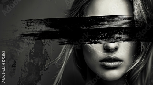 A monochromatic portrait of a woman with her eyes obscured by bold black brushstrokes. Harassment, abusing or violence concept