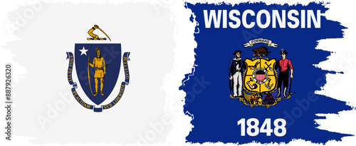 Wisconsin and Massachusetts states grunge brush flags connection, vector