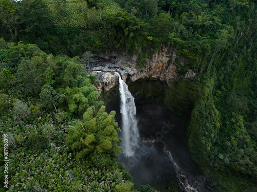 Aerial view of coban sriti waterfall Lumajang, East Java, Indonesia. photo