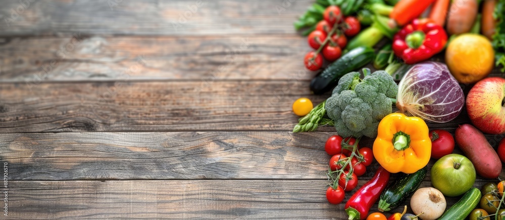 © Ilgun - Farmers vegetable market display of organic raw fruits and vegetables on a wooden table background with room for copy space image © Ilgun - Farmers vegetable market display of organic raw fruits and vegetables on a wooden table background with room for copy space image
