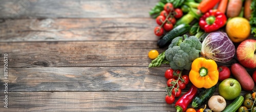 Farmers vegetable market display of organic raw fruits and vegetables on a wooden table background with room for copy space image