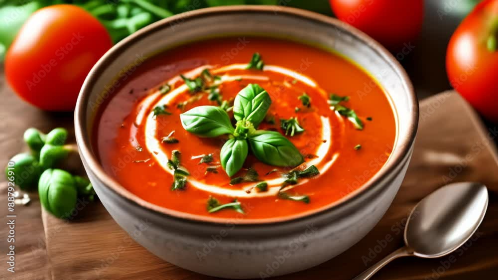 Delicious bowl of tomato soup with fresh basil ready to be savored Delicious bowl of tomato soup with fresh basil ready to be savored