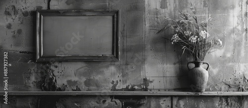 Cyperus haspan flowerhead and dry grass in a vase on a vintage background with an empty photo frame The setting features a black and white old style wooden wall with flowers in the vase and copy space photo