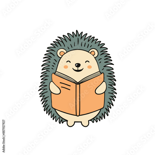 Doodle illustration of a cute hedgehog reading a book