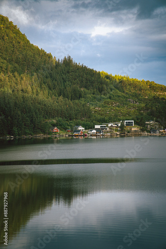 Wallpaper Mural a house under a mountain near a lake Torontodigital.ca