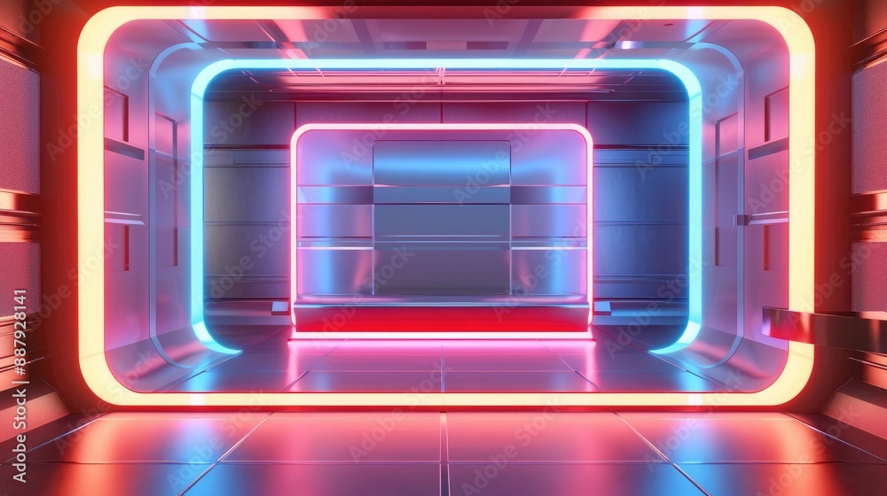 A 3D render of a blank booth system with a futuristic, high-tech design, featuring LED lights and sleek surfaces. A 3D render of a blank booth system with a futuristic, high-tech design, featuring LED lights and sleek surfaces.