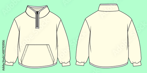 baby unisex borg half zip through sweatshirt fashion illustration flat sketch vector. 