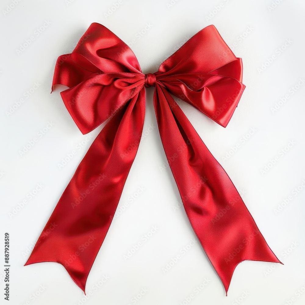 elegant red satin ribbon bow with long trailing ends isolated against a crisp white background perfect for giftwrapping or festive decorations elegant red satin ribbon bow with long trailing ends isolated against a crisp white background perfect for giftwrapping or festive decorations