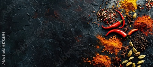 Fototapeta Naklejka Na Ścianę i Meble -  Various spices laid out on a dark black background with ample copy space and including curry paprika pepper cardamom cloves and turmeric Top view with a close up detail