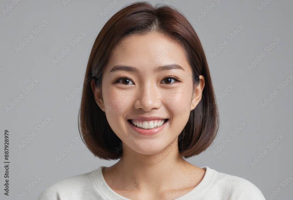 Portrait view of a regular happy smiling Japan woman, ultra realistic, candid, social media, avatar image, plain solid background Portrait view of a regular happy smiling Japan woman, ultra realistic, candid, social media, avatar image, plain solid background
