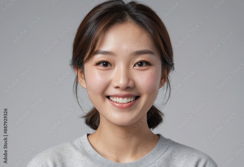 Portrait view of a regular happy smiling South Korea woman, ultra realistic, candid, social media, avatar image, plain solid background Portrait view of a regular happy smiling South Korea woman, ultra realistic, candid, social media, avatar image, plain solid background