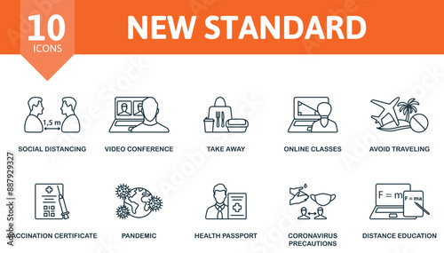 New Standard thin line icon set. Social Distancing, Video Conference, Take Away, Online Classes, Avoid Traveling, Vaccination Certificate, Pandemic, Health Passport, Coronavirus Precautions, Distance