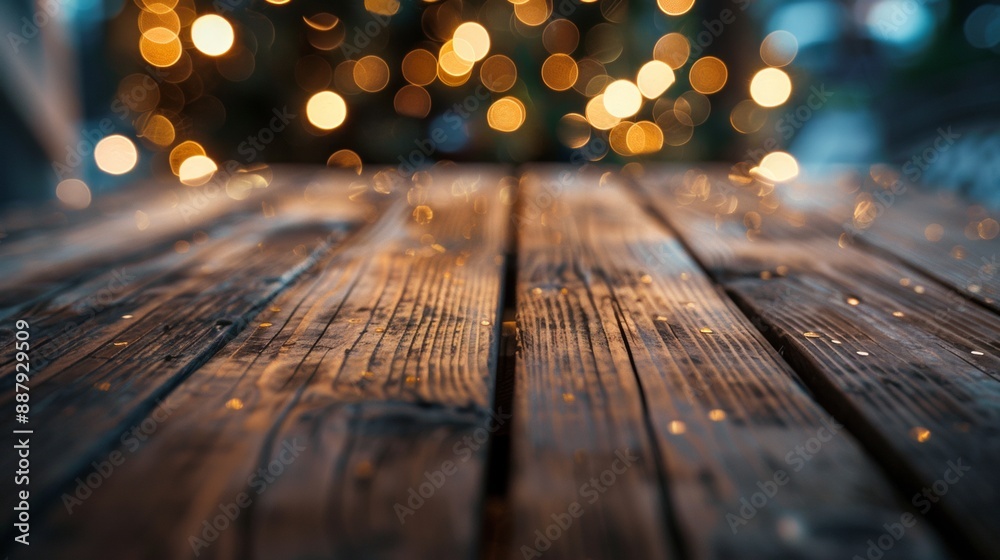 Rustic wooden table with festive bokeh lights