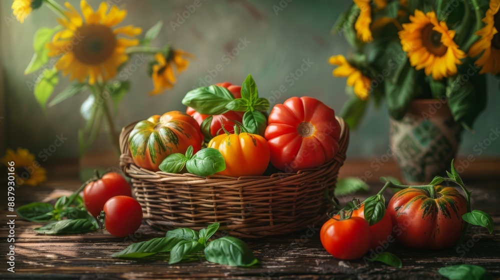 Fresh Tomatoes in a Wicker Basket with Basil and Sunflowers. Fresh Tomatoes in a Wicker Basket with Basil and Sunflowers.