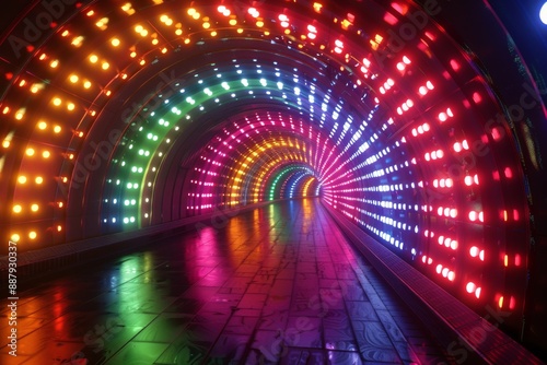 Neon rainbow tunnel, capturing a vibrant and dynamic visual effect with bright and colorful gradients.