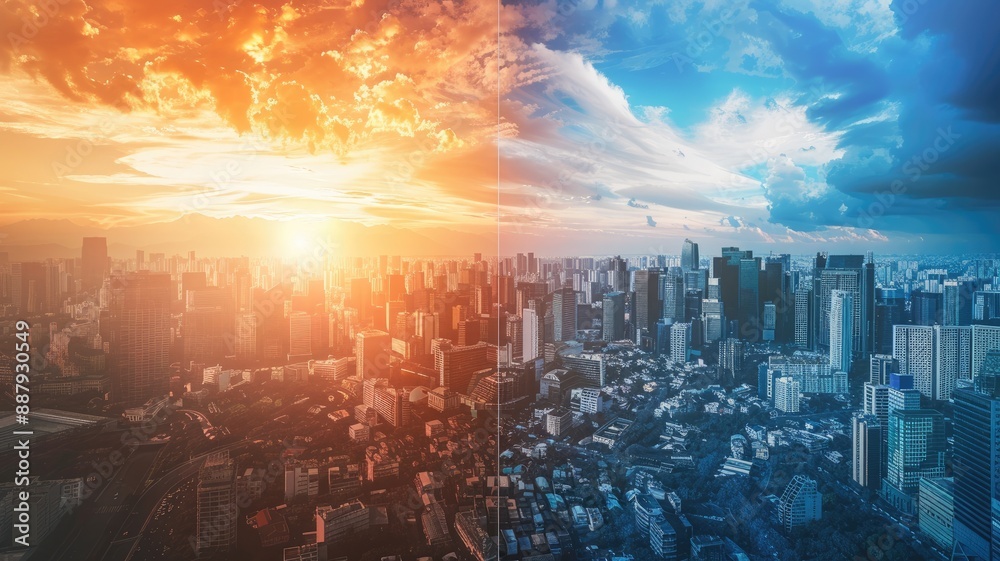 Obraz premium Cityscape split between vibrant sunset and clear blue sky, showcasing varying city moods