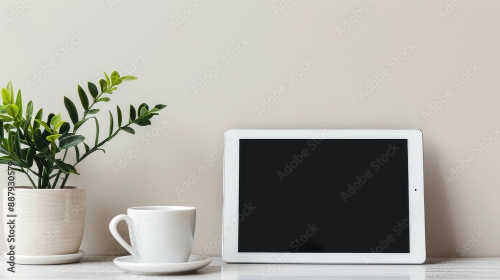 White tablet next to potted plant and coffee cup on minimalistic desk White tablet next to potted plant and coffee cup on minimalistic desk