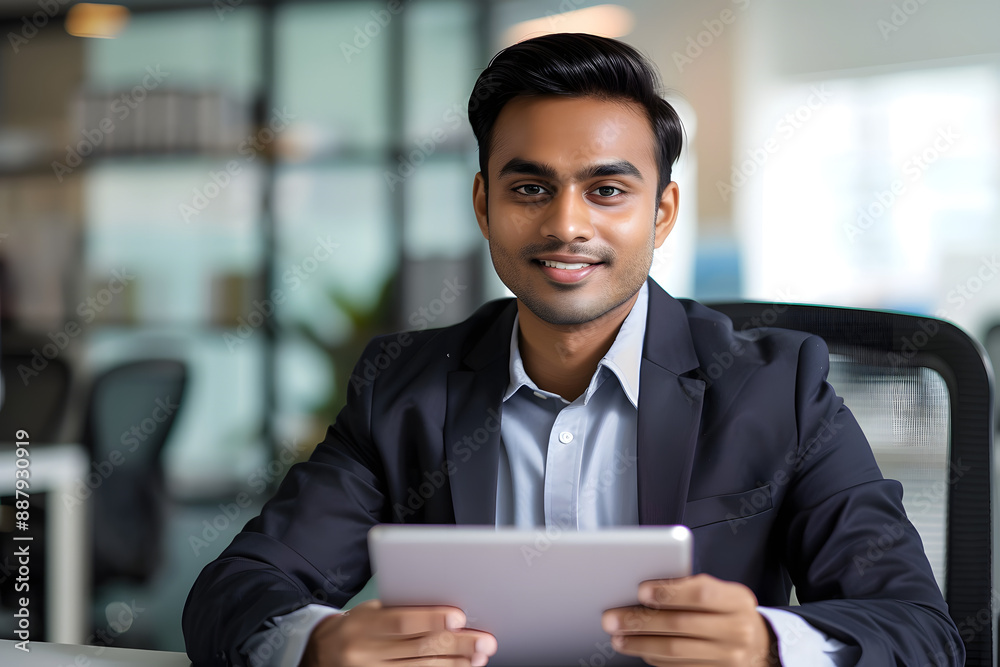 happy young Indian businessman employee manager using a tablet computer, looking at the camera at his office desk happy young Indian businessman employee manager using a tablet computer, looking at the camera at his office desk