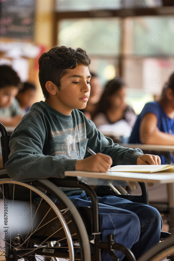 Concentrated Boy in Wheelchair Learning in Inclusive Classroom Concentrated Boy in Wheelchair Learning in Inclusive Classroom