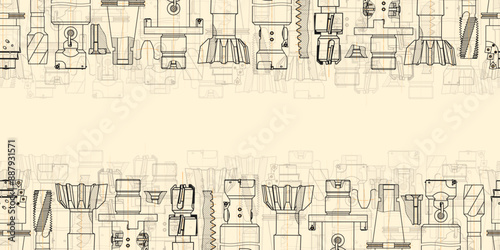 Mechanical engineering drawings on sepia background. Tap tools, borer. Technical Design. Cover. Blueprint. Seamless pattern. Vector illustration.