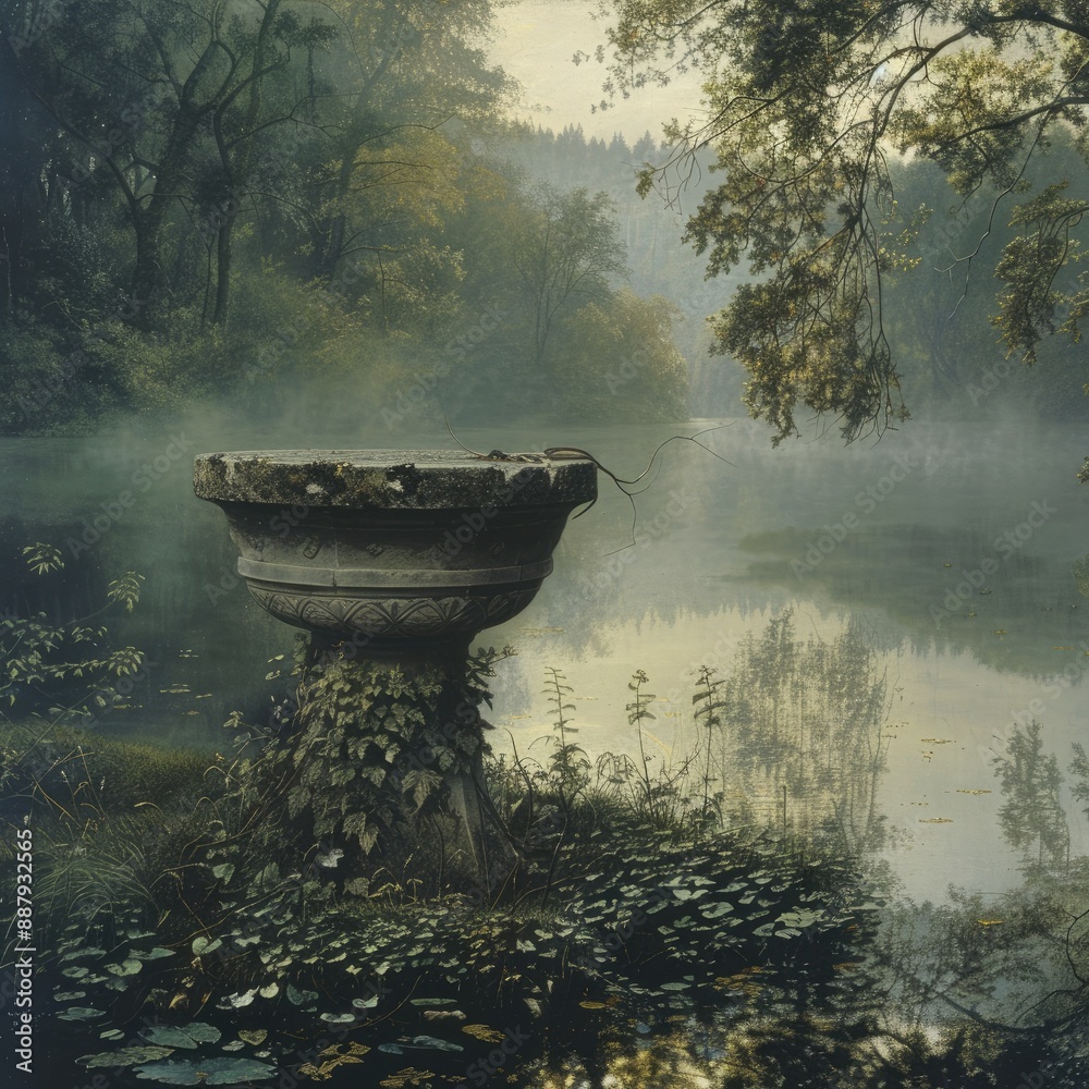 A stone pedestal display in the middle of a calm lake, surrounded by lush greenery and reflecting the soft morning light. A stone pedestal display in the middle of a calm lake, surrounded by lush greenery and reflecting the soft morning light.