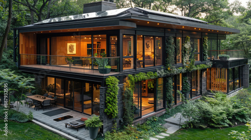 Solar panels on the roof of a stylish, eco-friendly home surrounded by greenery