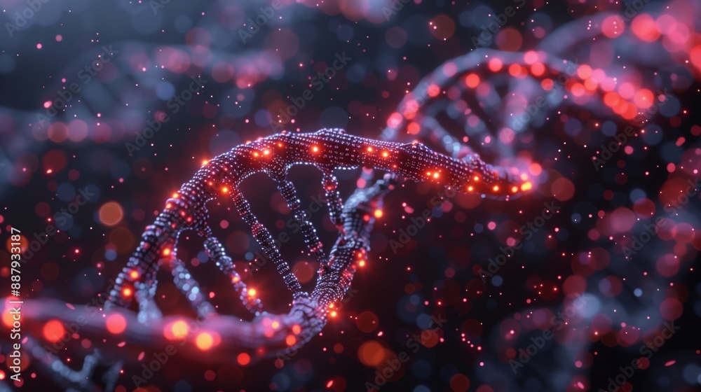 DNA double helix is digitally represented with glowing red nodes symbolizing genetic data. Machine learning predicts genetic outcomes from this data. DNA double helix is digitally represented with glowing red nodes symbolizing genetic data. Machine learning predicts genetic outcomes from this data.