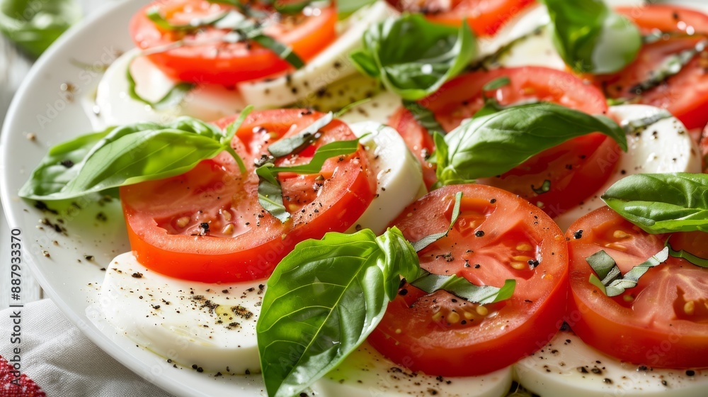 Arrange a plate of Caprese salad with fresh slices of mozzarella, tomatoes, and basil leaves. Generative AI Arrange a plate of Caprese salad with fresh slices of mozzarella, tomatoes, and basil leaves. Generative AI