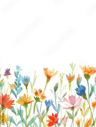 Meadow in summer. Horizontal border of adorable watercolor flowers on a white background. Drawing for a card, border, banner, or other design of yours