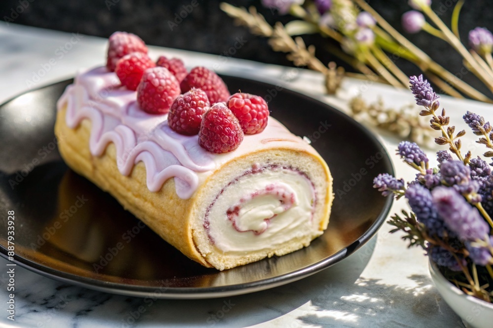 Swiss sponge roll with raspberries, a delicious fruit and cream dessert filled with cream cheese, decorated with fresh raspberries. Swiss sponge roll with raspberries, a delicious fruit and cream dessert filled with cream cheese, decorated with fresh raspberries.