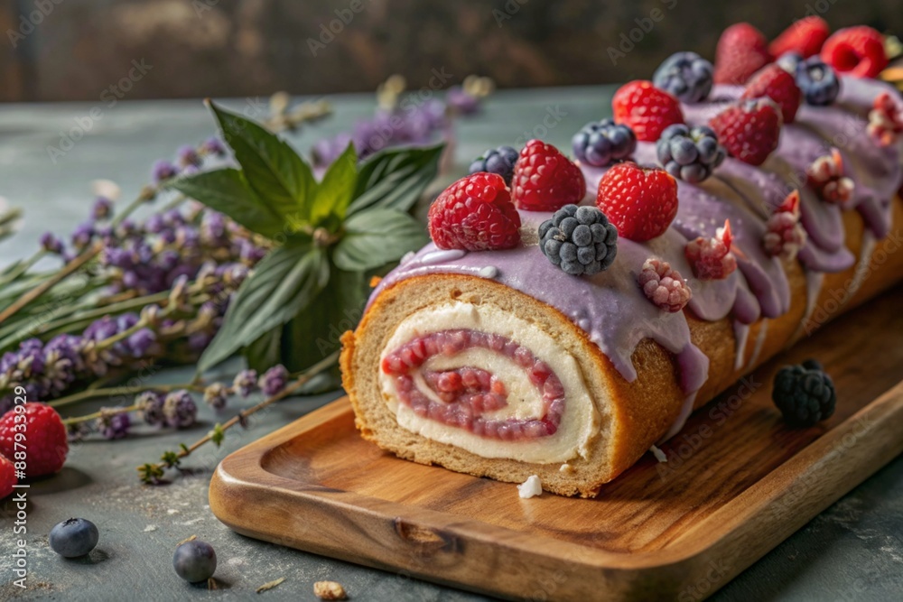 Swiss sponge roll with raspberries, a delicious fruit and cream dessert filled with cream cheese, decorated with fresh raspberries. Swiss sponge roll with raspberries, a delicious fruit and cream dessert filled with cream cheese, decorated with fresh raspberries.