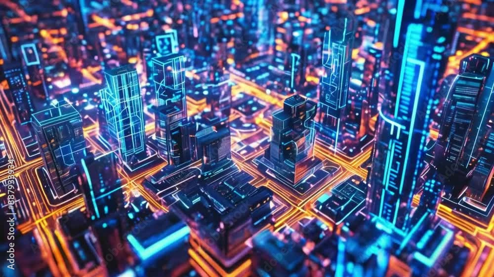 Futuristic smart city skyline at twilight with digital overlays and ...