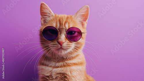 Adorable orange cat wearing purple sunglasses against monochrome purple background. Humurous stylishpet wearing sunglasses. photo