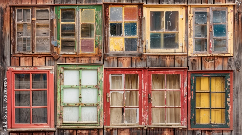 Variety of old house windows on wooden background with mix of browns yellows reds and greens Variety of old house windows on wooden background with mix of browns yellows reds and greens