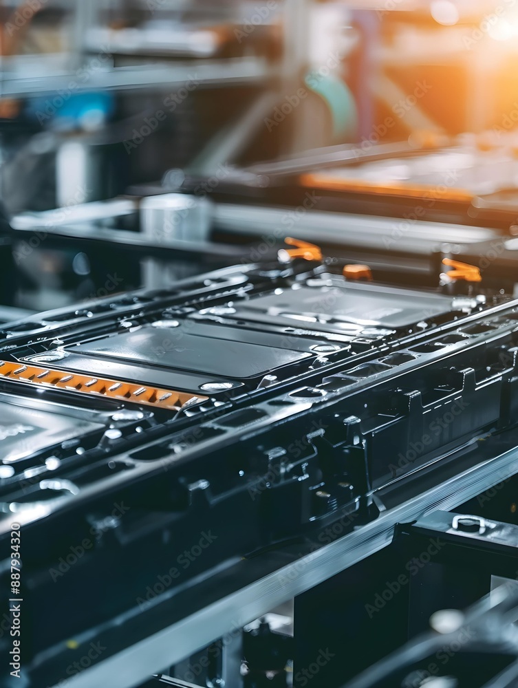 Mass production assembly line of electric vehicle battery cells close-up view Mass production assembly line of electric vehicle battery cells close-up view