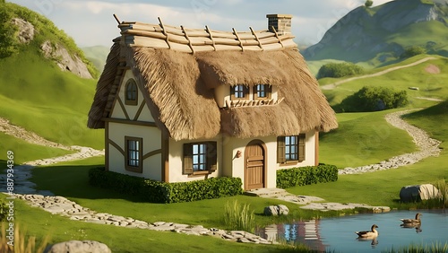 3D small house on blue background. 3D illustration wallpaper