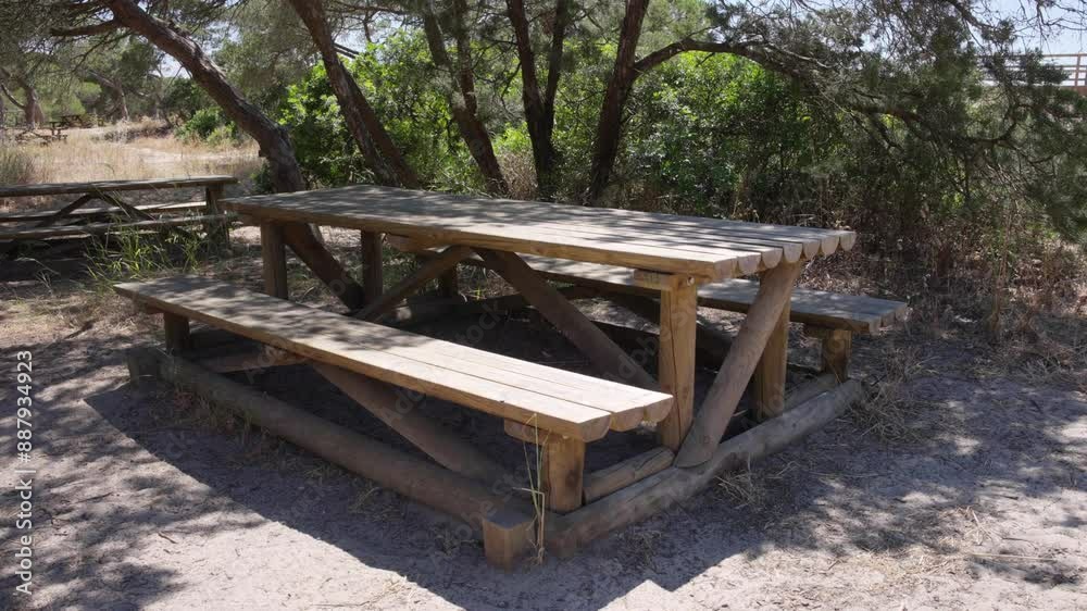 Wooden picnic table in a shaded forest clearing, perfect for outdoor meals and gatherings amidst nature Wooden picnic table in a shaded forest clearing, perfect for outdoor meals and gatherings amidst nature