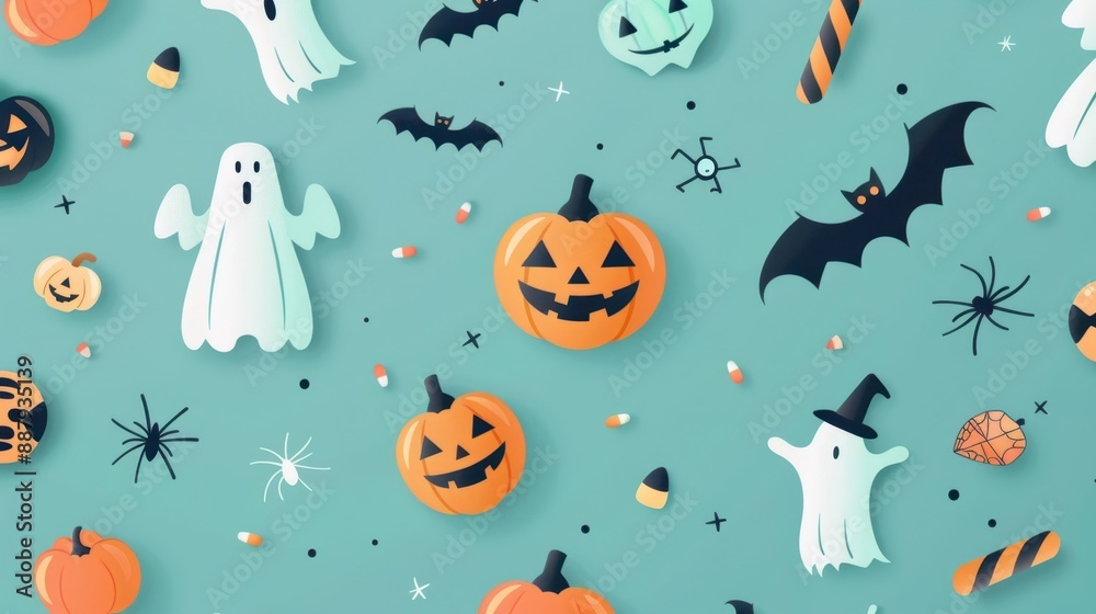 Cute Halloween pattern with jack-o'-lanterns, ghosts, bats, and spider webs on a light blue background, perfect for children's decor. Cute Halloween pattern with jack-o'-lanterns, ghosts, bats, and spider webs on a light blue background, perfect for children's decor.