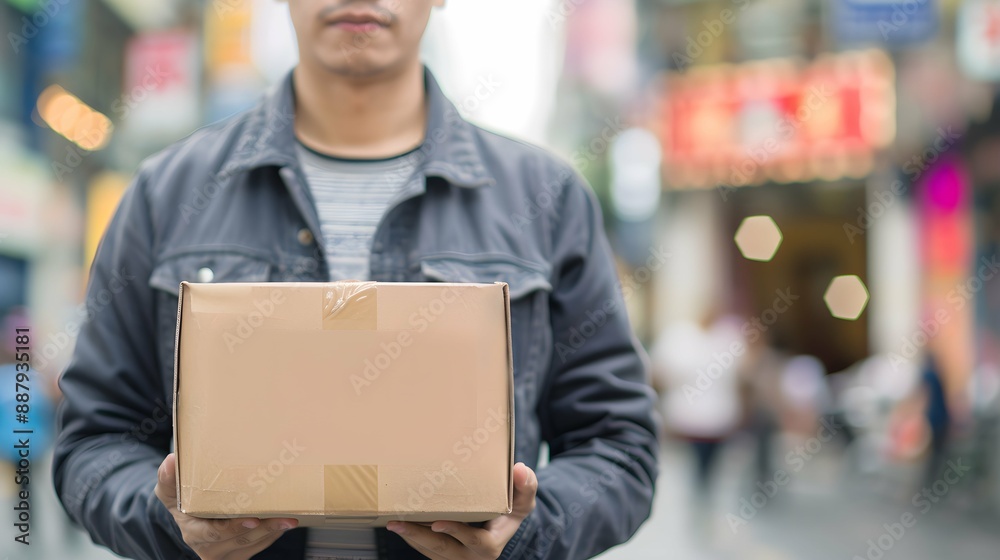 Man in casual attire holding a package, blurred urban background, lifestyle concept Man in casual attire holding a package, blurred urban background, lifestyle concept