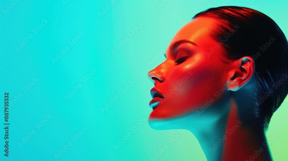 Fototapeta premium Close-up profile of a woman with wet hair and vibrant red-blue lighting, creating a dramatic contrast and futuristic feel.