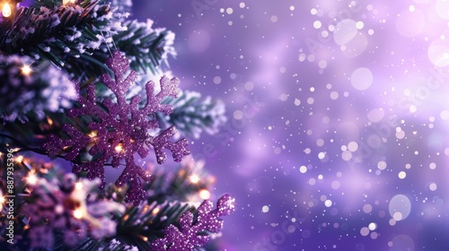 A christmas wallpaper with image of snowy christmas tree with glittering snowflake decoration. Ideal use for poster, card, and brochure.