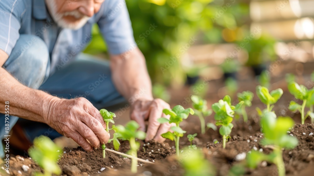 Elderly man carefully planting a small seedling in the soil with blurred green background. Growth and nurturing concept. Elderly man carefully planting a small seedling in the soil with blurred green background. Growth and nurturing concept.