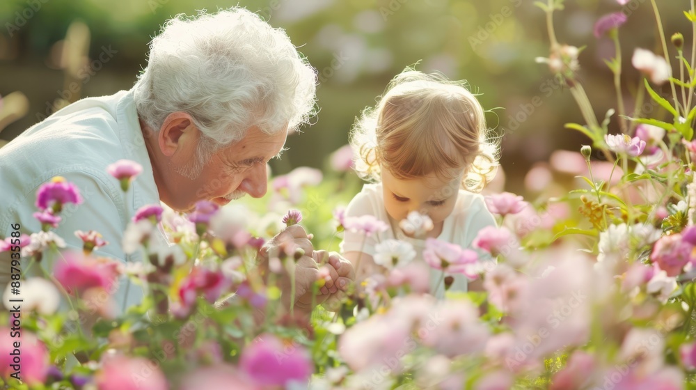 Elderly man with white hair and a toddler exploring flowers in a sunlit garden. Generational bonding and nature concept. Elderly man with white hair and a toddler exploring flowers in a sunlit garden. Generational bonding and nature concept.