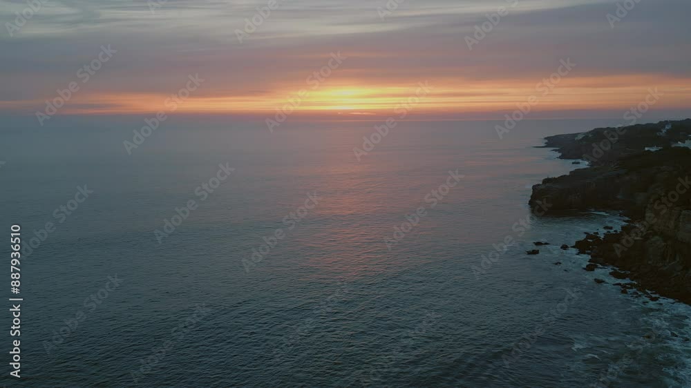 Calm ocean evening twilight cloudy summer weather. Dramatic sky aerial view Calm ocean evening twilight cloudy summer weather. Dramatic sky aerial view